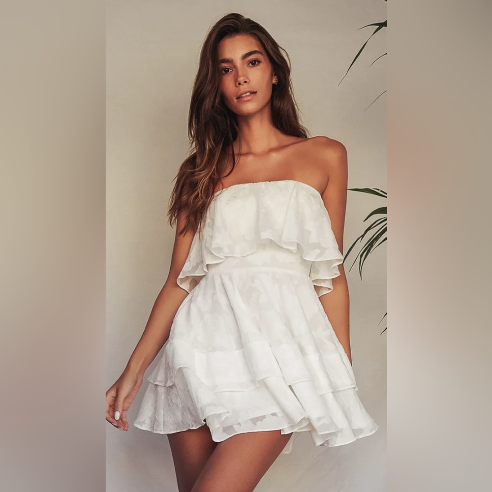 Lulus True Lover White Burnout Floral Ruffled Strapless Mini Dress